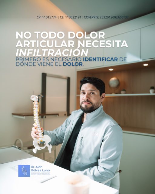 Las infiltraciones no son la primera opción para todos los dolores articulares. Se utilizan cuando el dolor persiste, limita el movimiento y otras medidas no han sido suficientes.

💉 Identificar correctamente el origen del dolor es clave para decidir si un paciente es candidato.

Dr. Alan Valente Gálvez Luna
⚕️Especialista en Medicina del Dolor y Algología

📍 Plaza Cititower, Guadalajara, Jalisco
📍 Cráter 10, Guadalupe, Zacatecas
📍 Hospital San Antonio del lago de Chapala, Jalisco
Reserva tu cita →
📞 Guadalajara: 33 4675 6141
📞 Chapala: 33 4675 6141
📞 Zacatecas: 492 264 8689
UNIVERSIDAD AUTÓNOMA DE GUADALAJARA| UAG
CP: 11015774| CE: 13022191| COFEPRIS Santa Fe: 2532012002A00137
COFEPRIS GDL Instituto ION: 2514102002A00839
